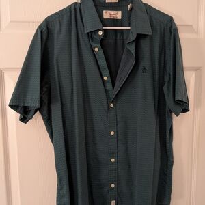 Original Penguin Men's Teal Button Down Short Shirt with Chess Pattern XL